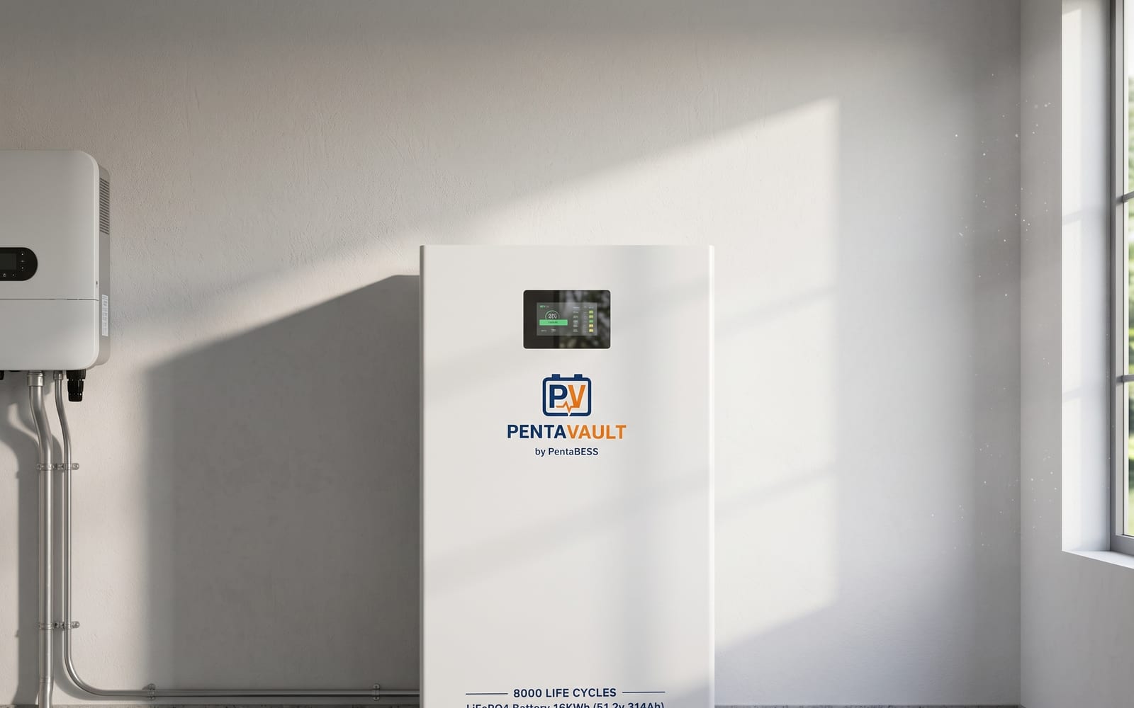 PentaVault Beacon 16 kWh floor standing battery cabinet installed next to a wall mounted hybrid inverter in a utility room